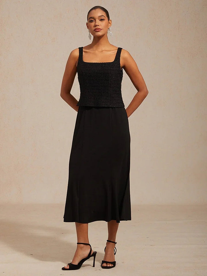 Sleeveless Square Neck Spring Dress with Tweed Bodice