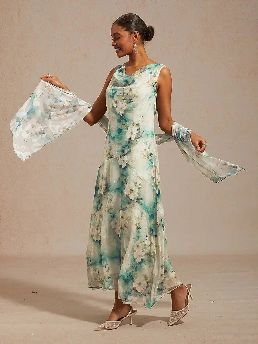 Floral Cowl Neck Tea-Length Dress with Flounce Hem