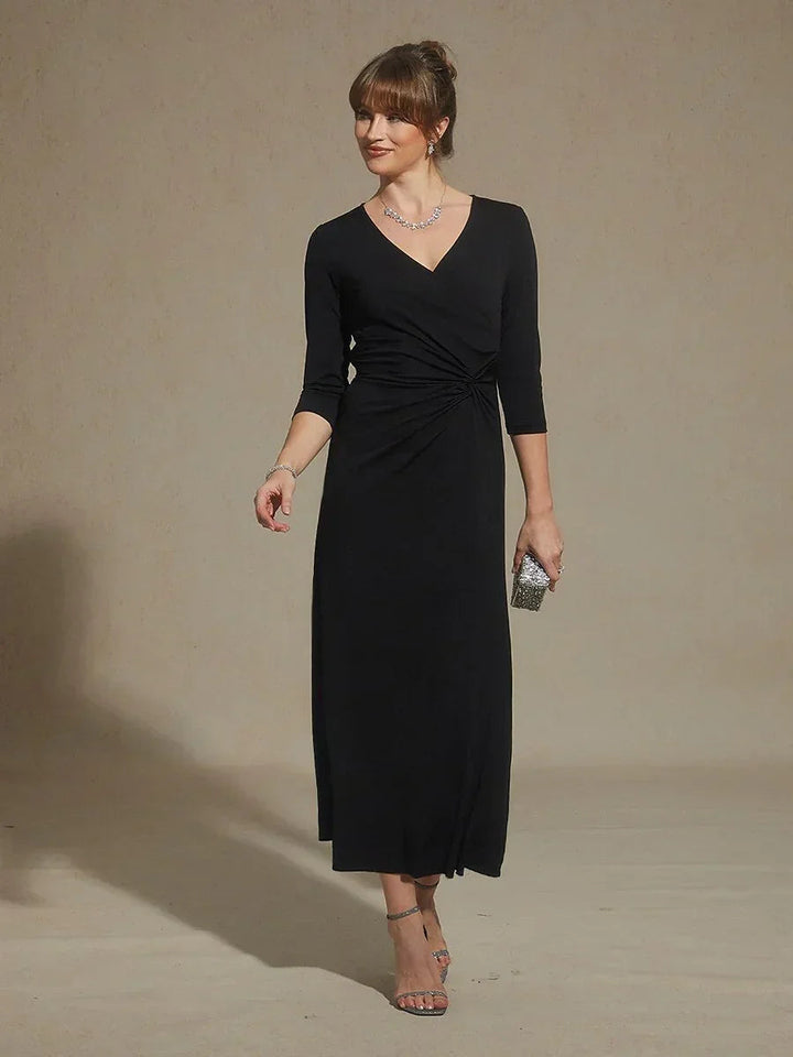 Black V-Neck A-Line Knit Dress with Waist Twist Design