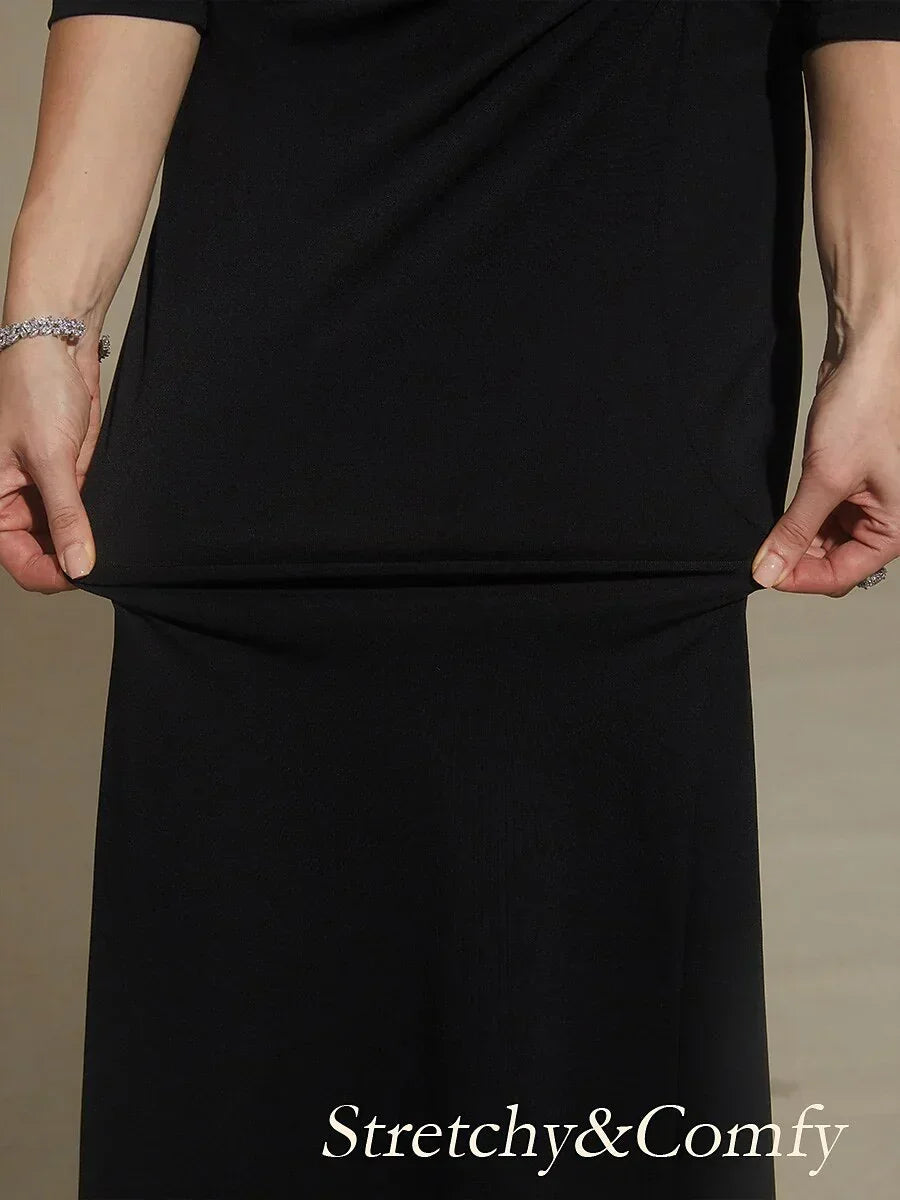 Black V-Neck A-Line Knit Dress with Waist Twist Design