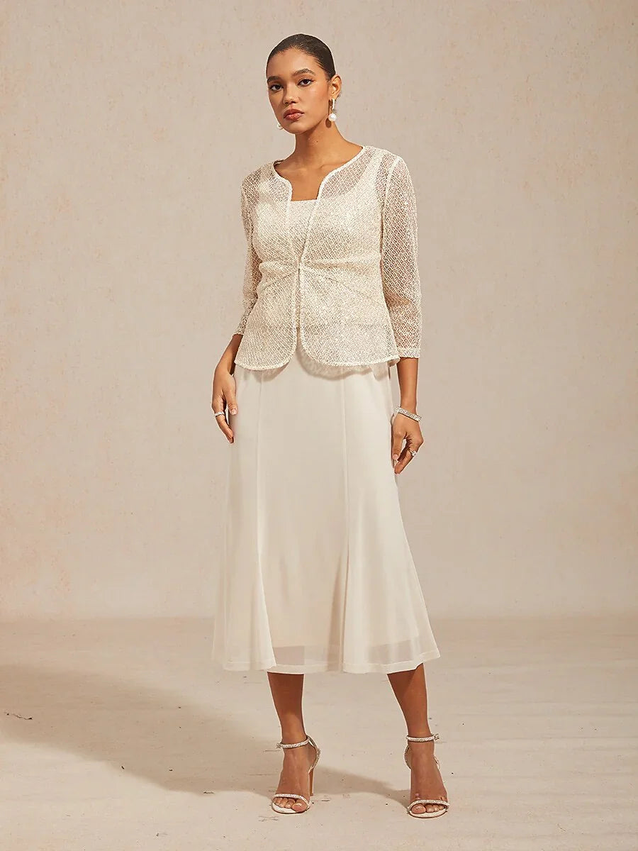 Mesh Sequin 3/4 Sleeve Jacket Dress