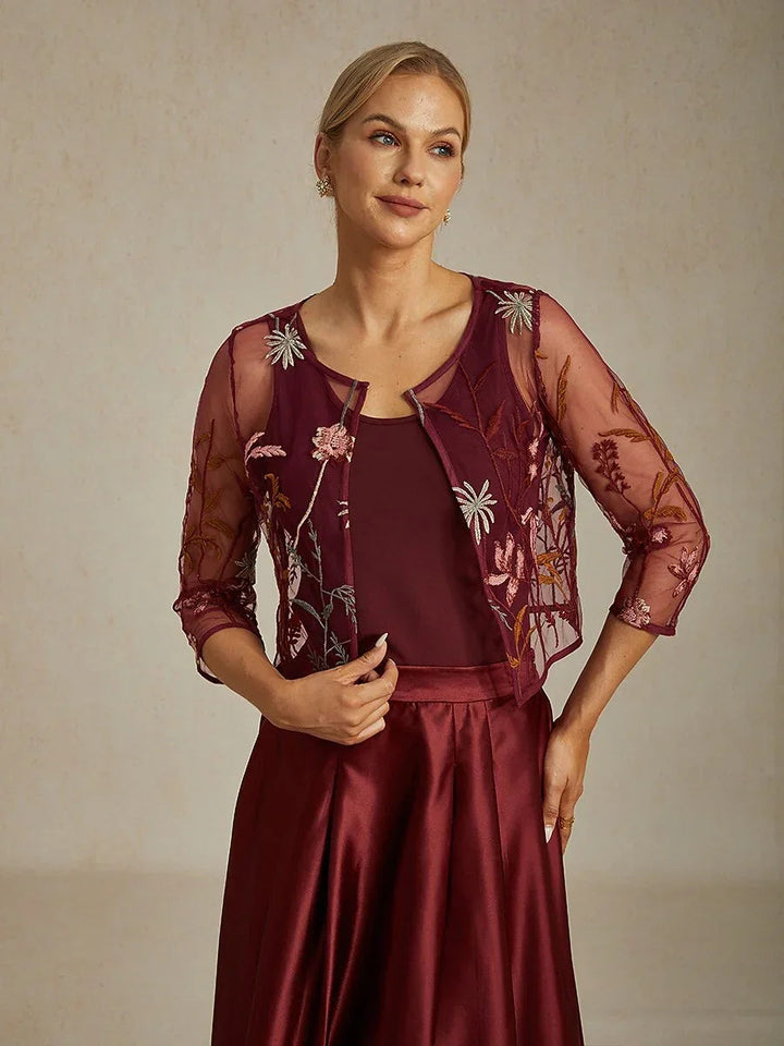 Floral Embroidered Lace Jacket with Rhinestone Button