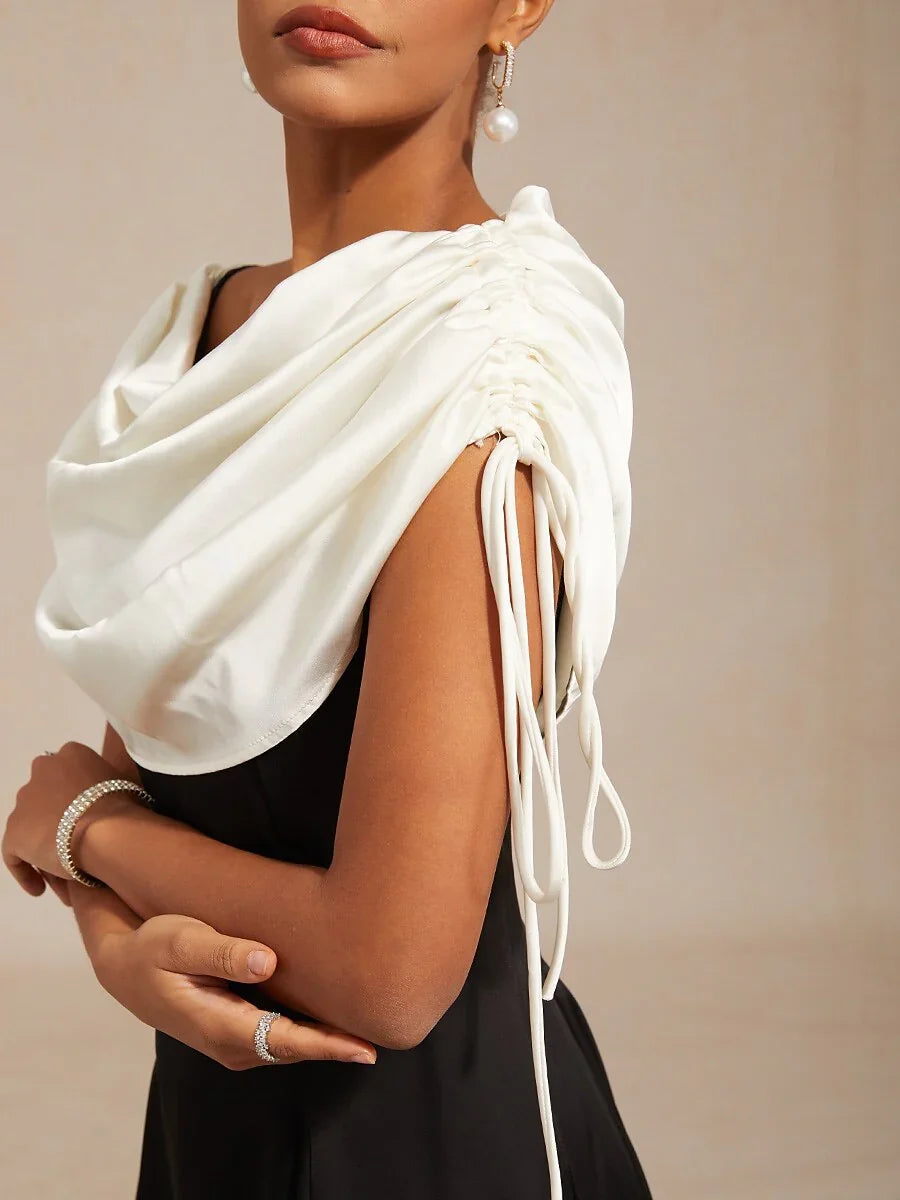 Satin Black and White Dress with Shoulder Tie Design