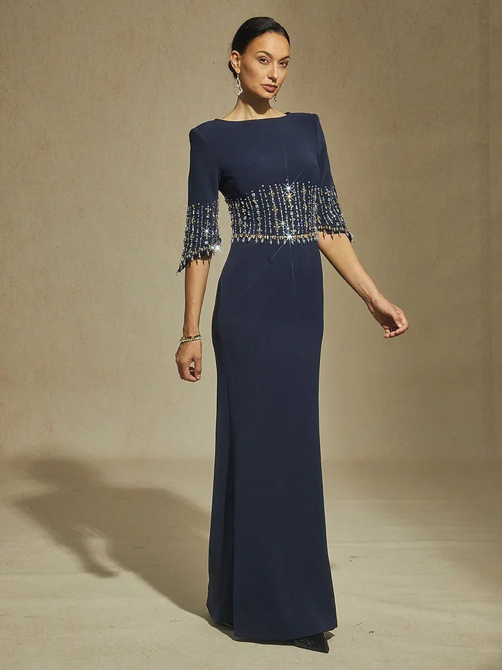 Boat Neck Mermaid Evening Gown with Crystal Details