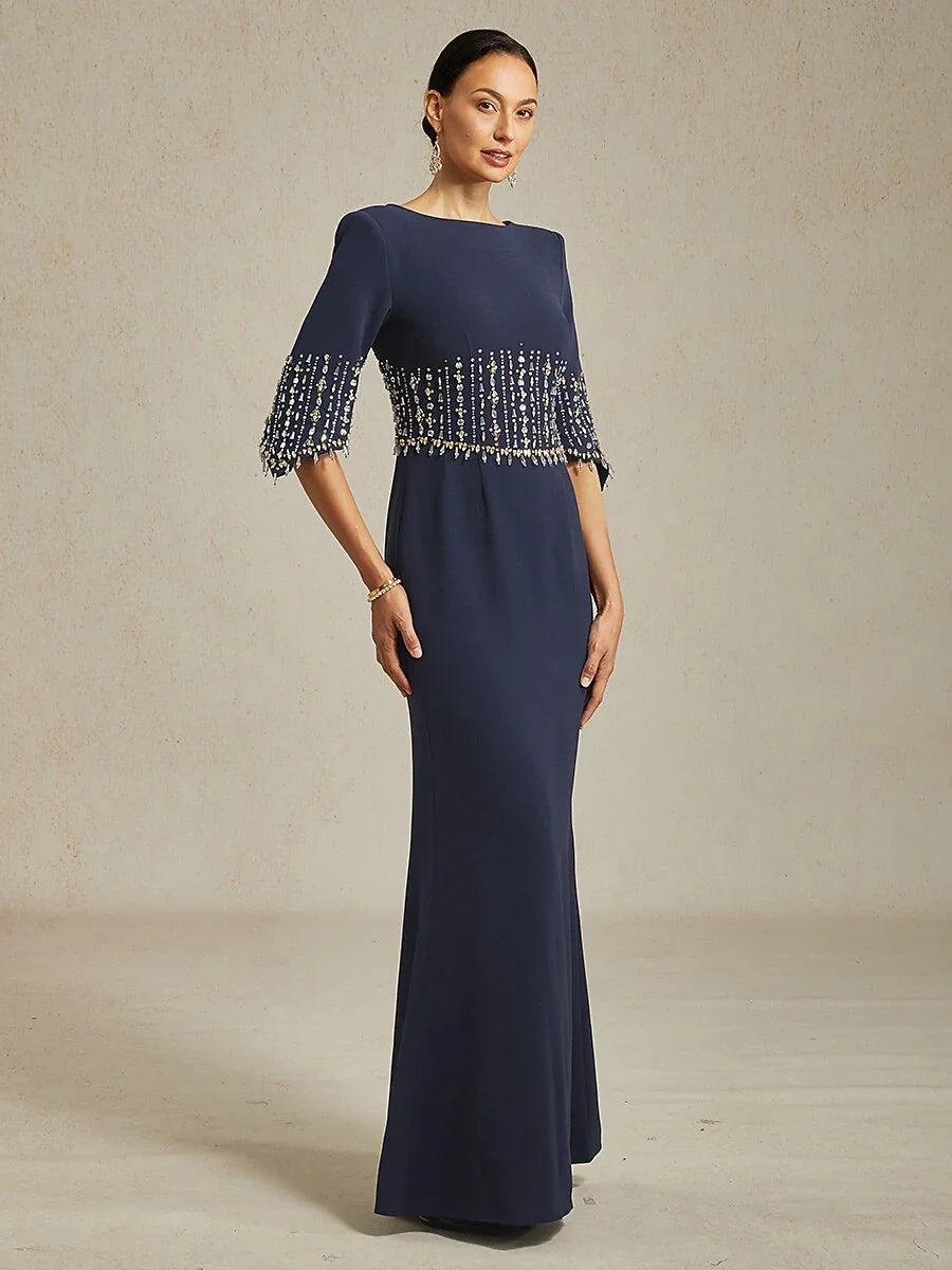 Boat Neck Mermaid Evening Gown with Crystal Details