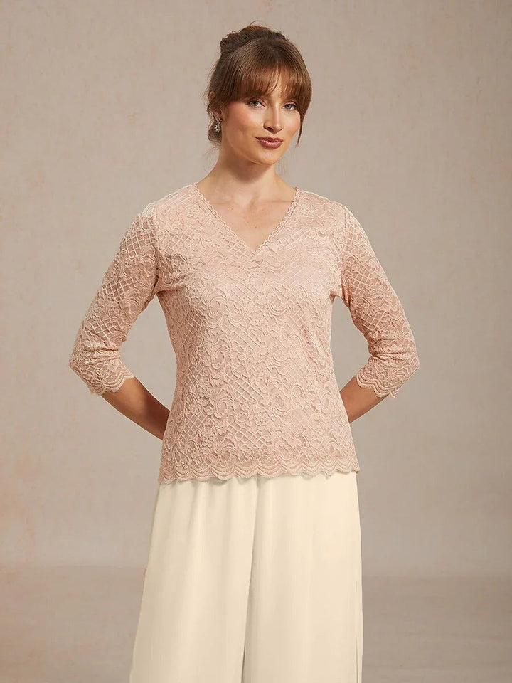 Feminine V-Neck Stretch Lace Top with Scalloped Hem