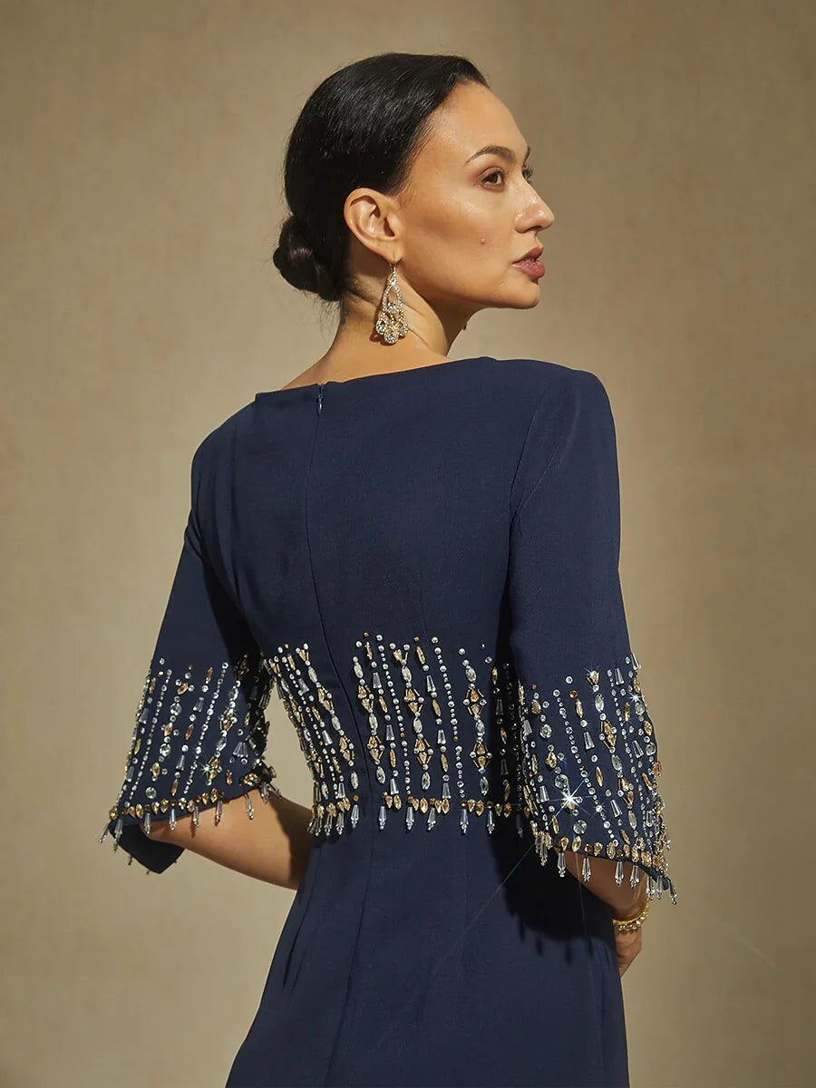 Boat Neck Mermaid Evening Gown with Crystal Details