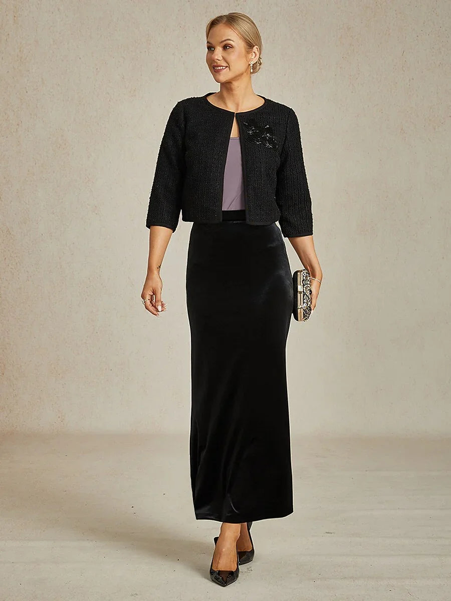 Cropped 3/4 Sleeve Tweed Jacket with Beaded Embroidery