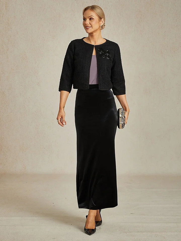 Cropped 3/4 Sleeve Tweed Jacket with Beaded Embroidery