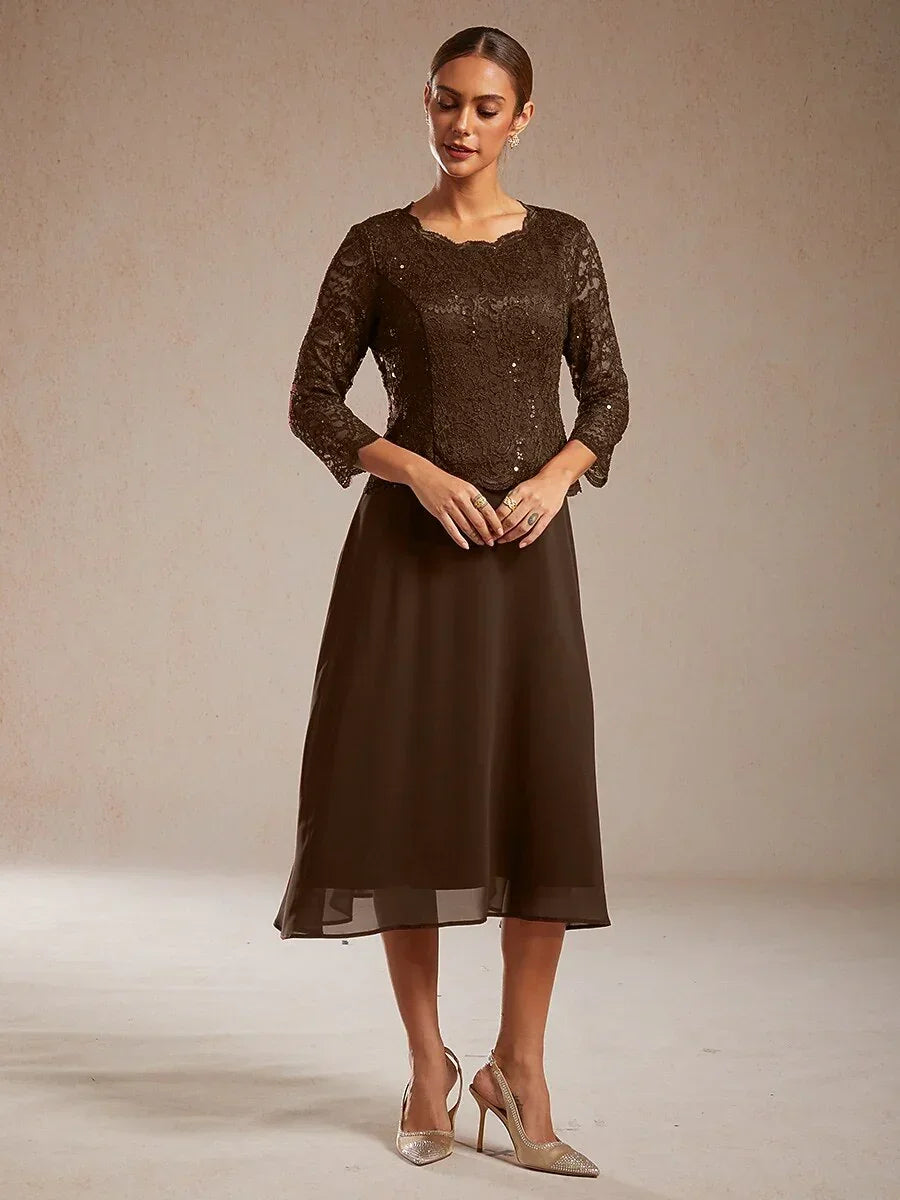 Elegant Lace and Chiffon Tea-Length Dress