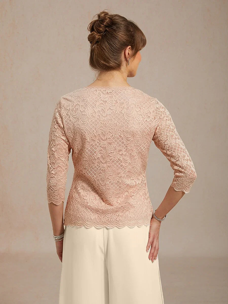 Feminine V-Neck Stretch Lace Top with Scalloped Hem