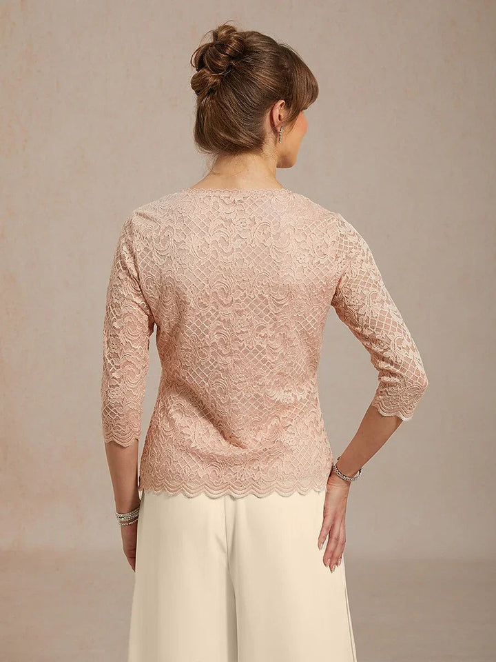 Feminine V-Neck Stretch Lace Top with Scalloped Hem