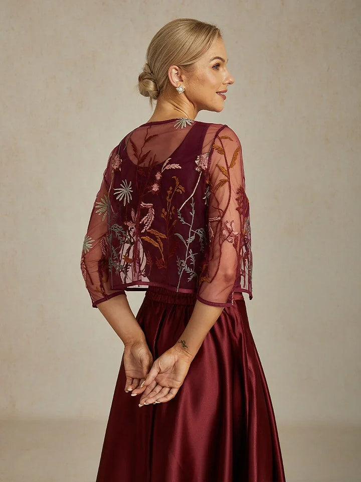 Floral Embroidered Lace Jacket with Rhinestone Button