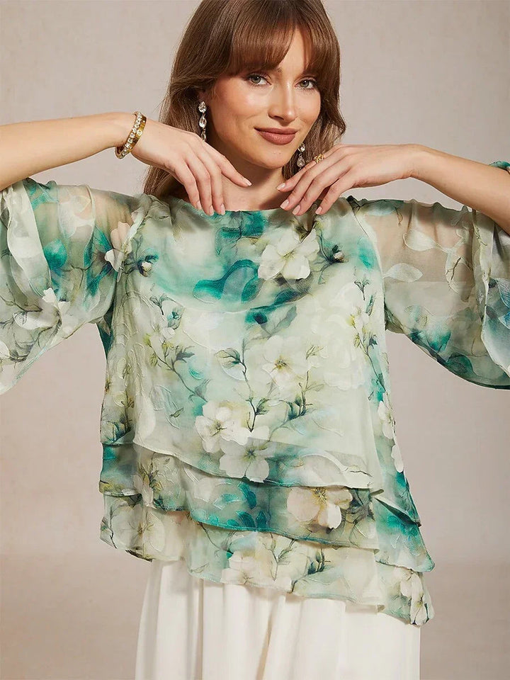 Lace Chiffon Layered Blouse with Floral Print