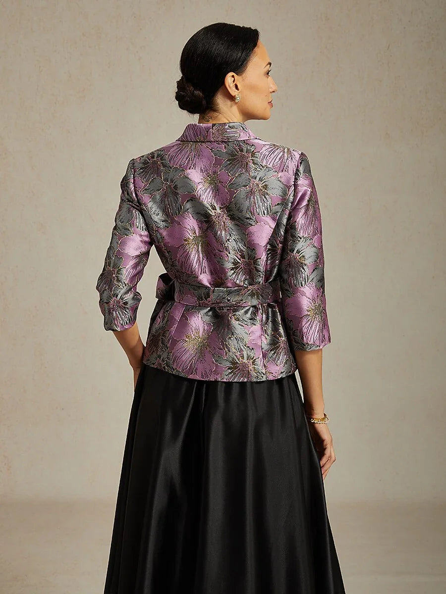 3/4 Sleeve Floral Jacquard Blouse with Tie Waist