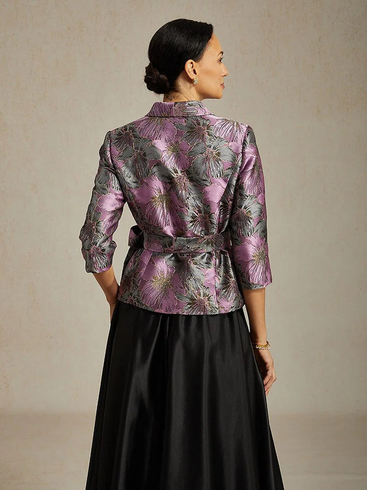 3/4 Sleeve Floral Jacquard Blouse with Tie Waist