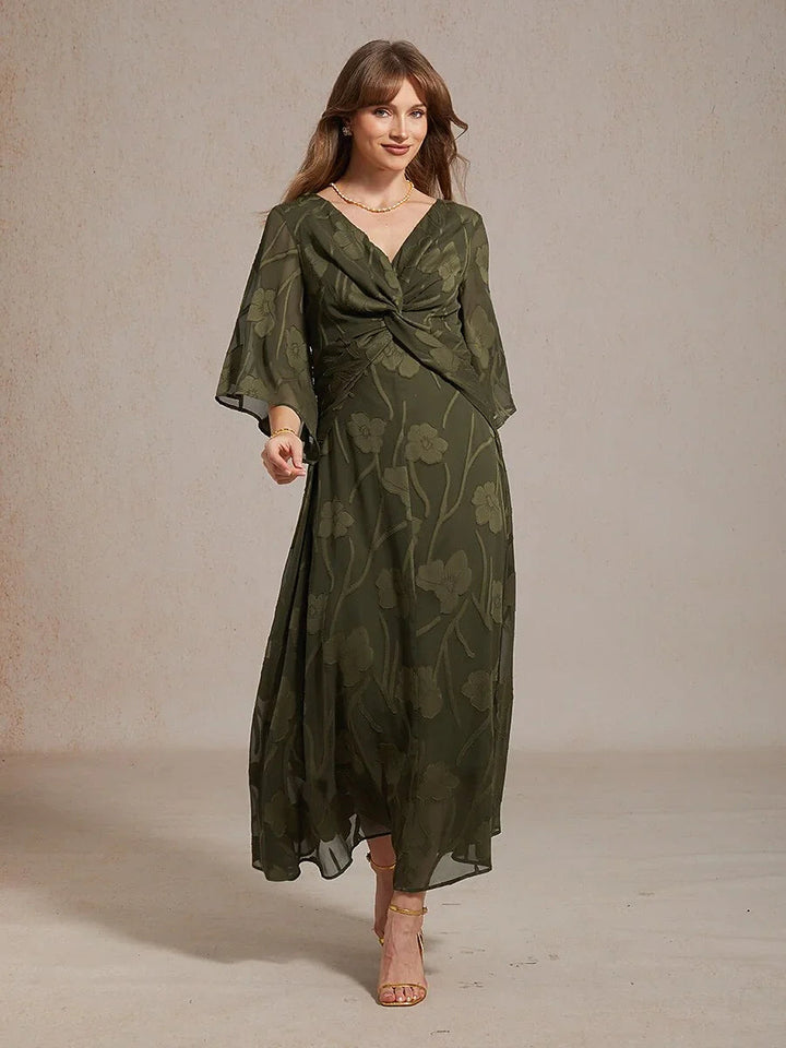 Lace Floral Twisted Ruffle Chiffon Maxi Dress