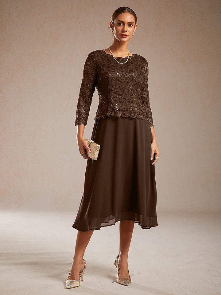 Elegant Lace and Chiffon Tea-Length Dress