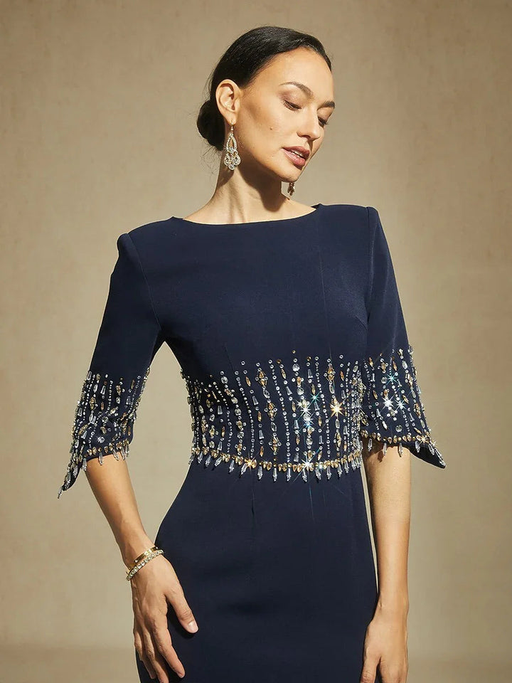 Boat Neck Mermaid Evening Gown with Crystal Details