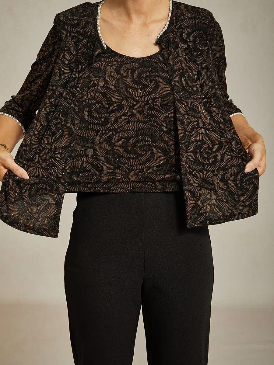 3/4 Sleeve Knit Mock Twinset with Floral Pattern