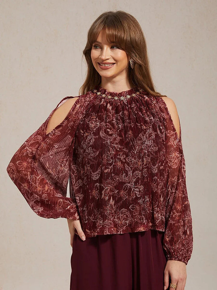 Ruffled Cold Shoulder Chiffon Blouse with Metallic Detail