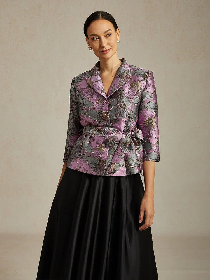 3/4 Sleeve Floral Jacquard Blouse with Tie Waist