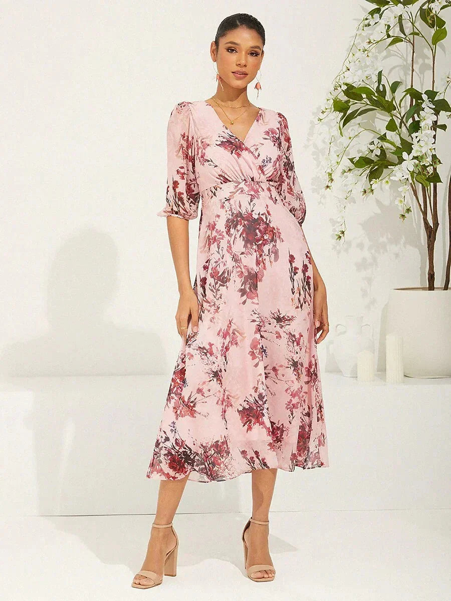 Puff Sleeve Floral Chiffon Dress