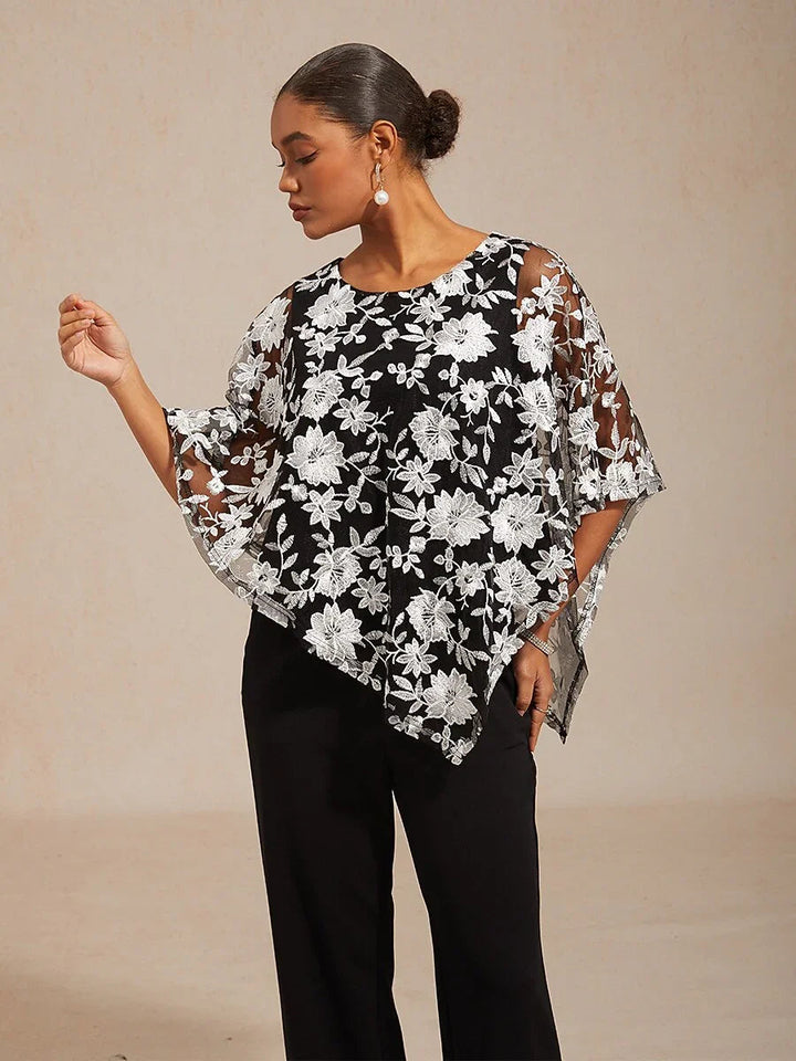 Embroidered Mesh Lace Top with Batwing Sleeves