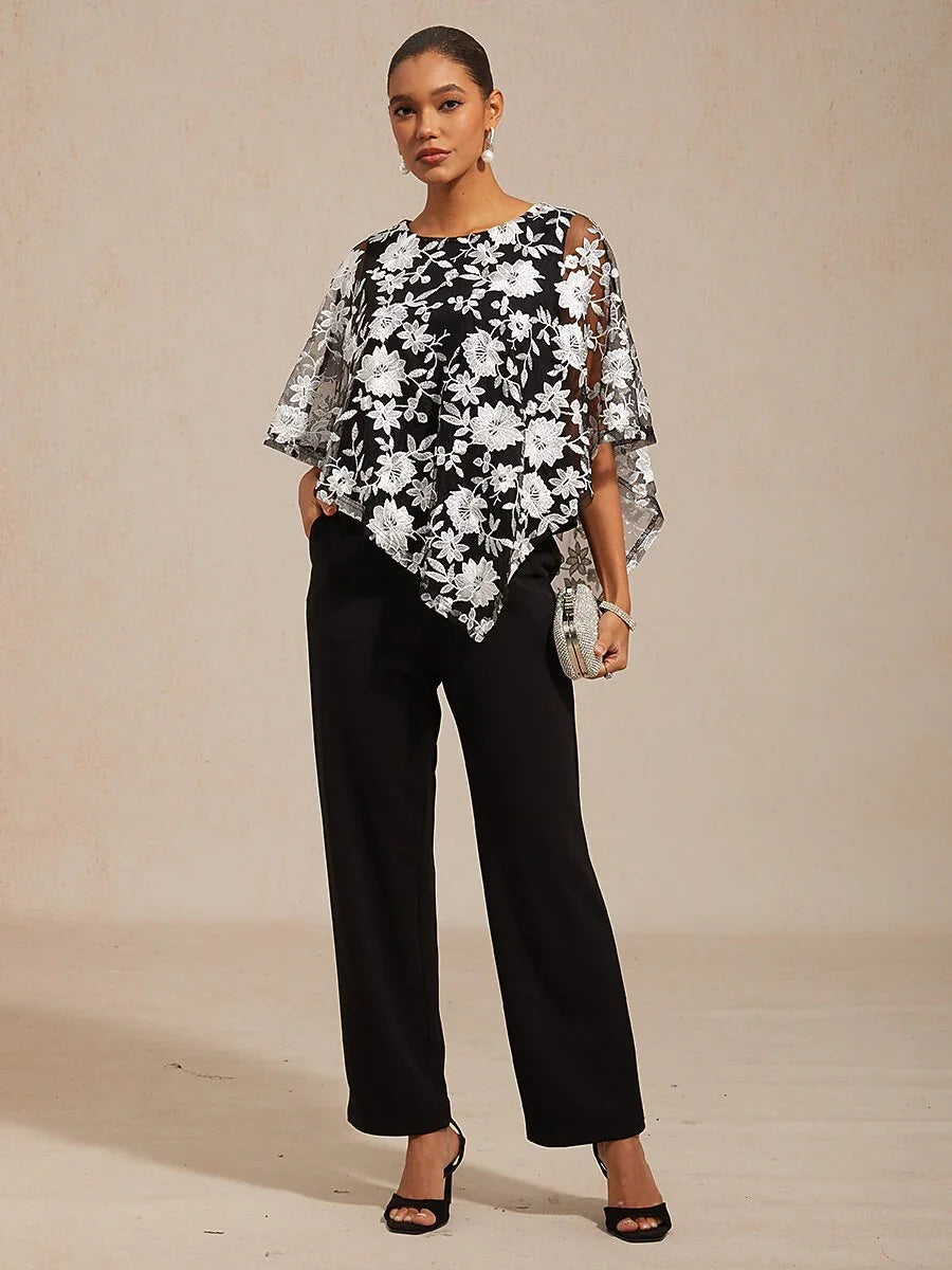 Embroidered Mesh Lace Top with Batwing Sleeves