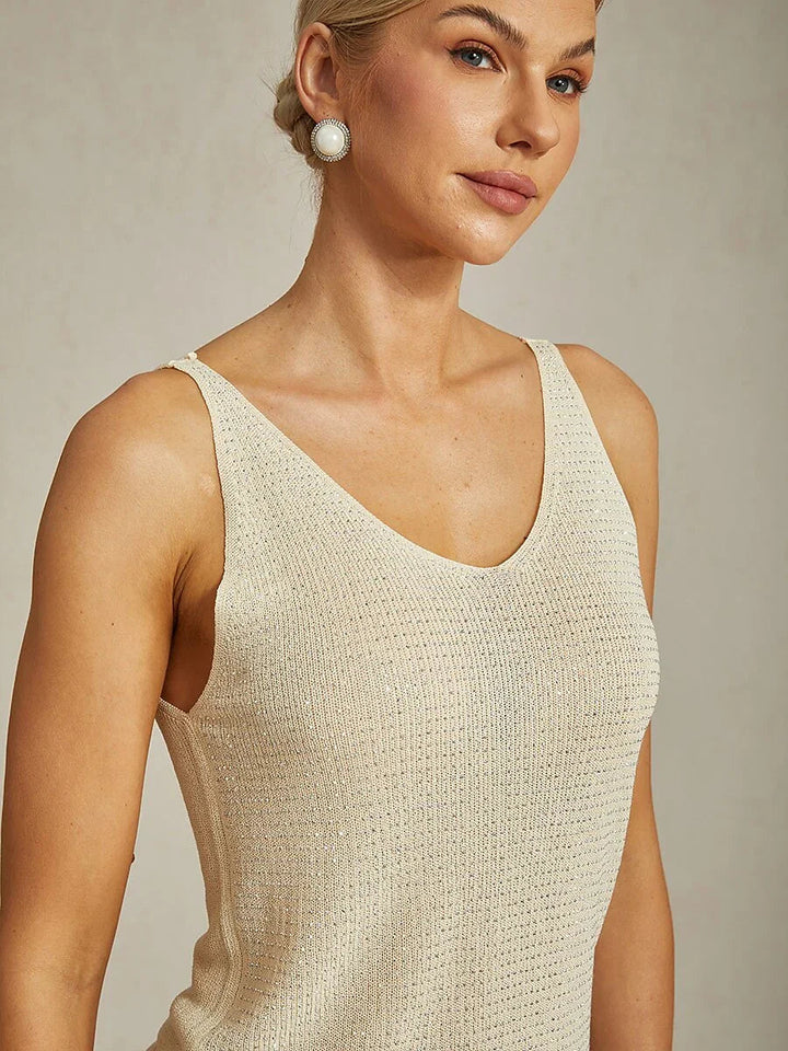 V Neck Knit Tank with Rhinestone Detailing