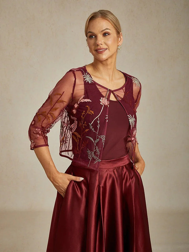 Floral Embroidered Lace Jacket with Rhinestone Button