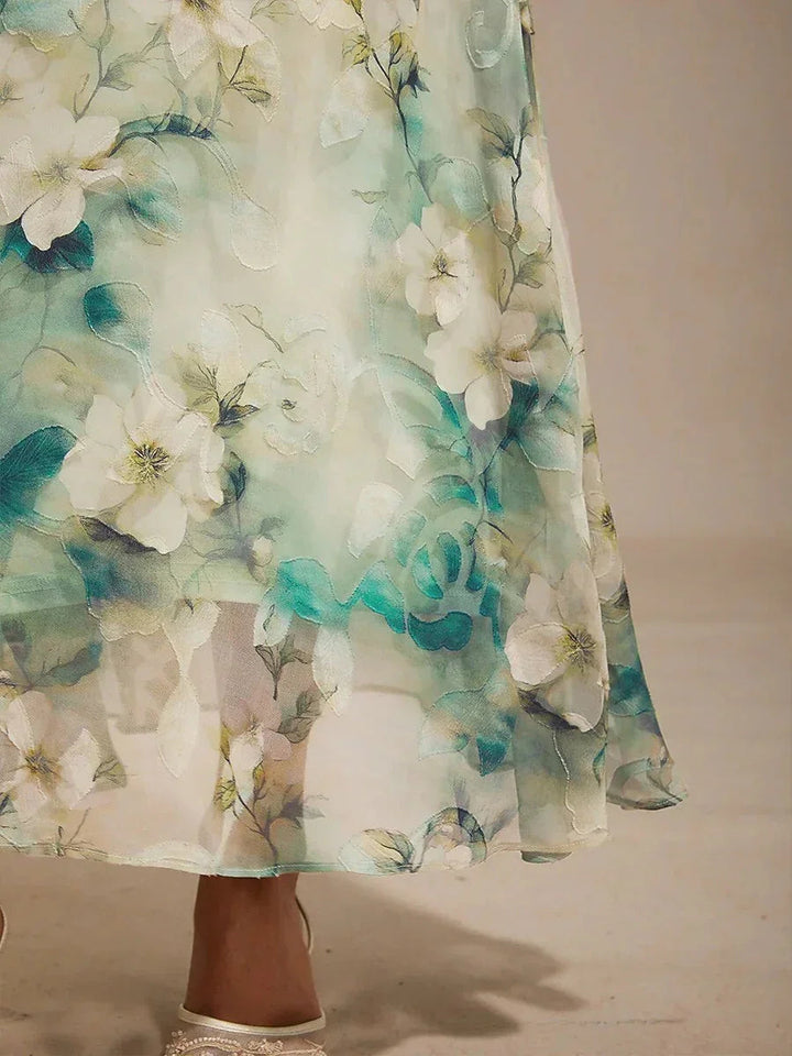 Floral Cowl Neck Tea-Length Dress with Flounce Hem