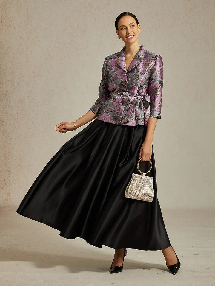 3/4 Sleeve Floral Jacquard Blouse with Tie Waist