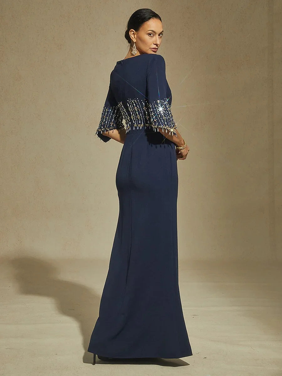 Boat Neck Mermaid Evening Gown with Crystal Details