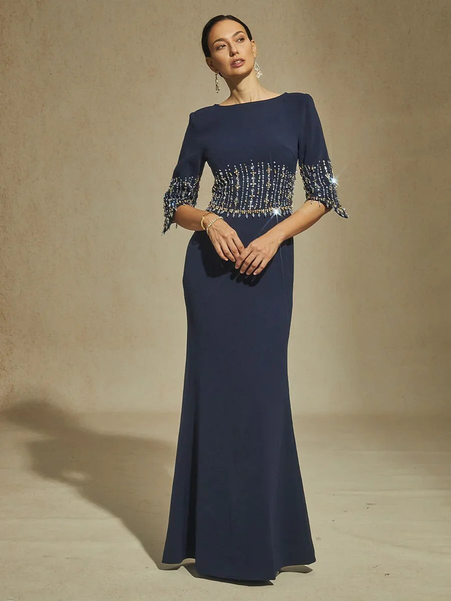 Boat Neck Mermaid Evening Gown with Crystal Details