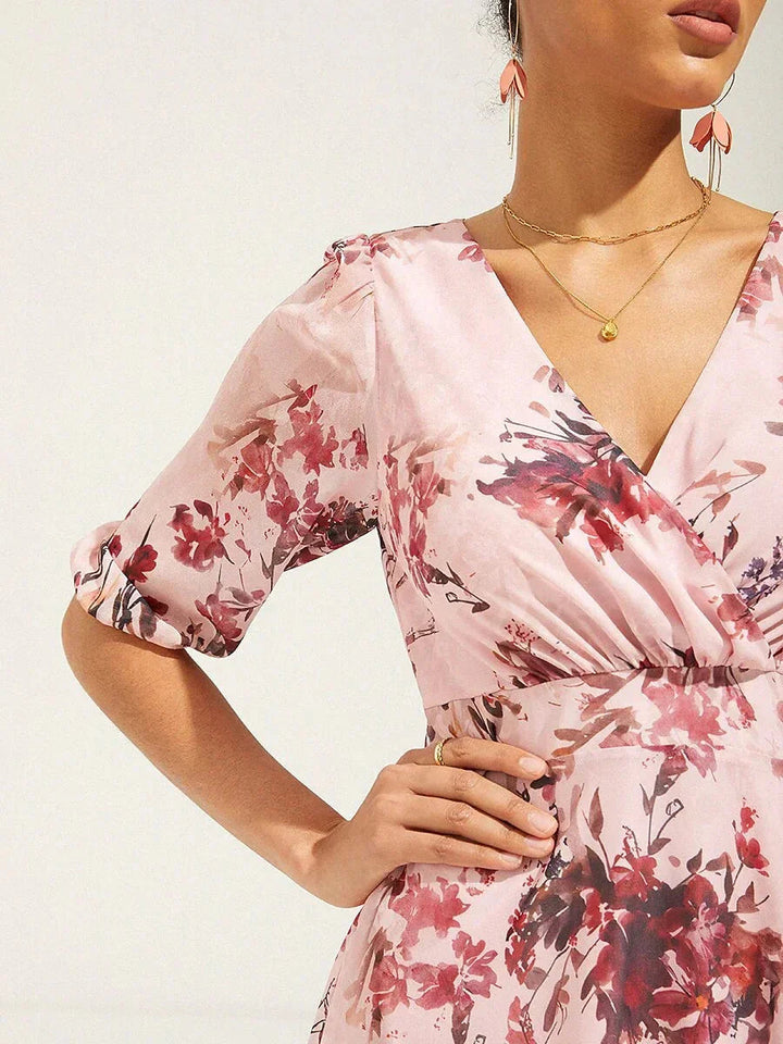 Puff Sleeve Floral Chiffon Dress