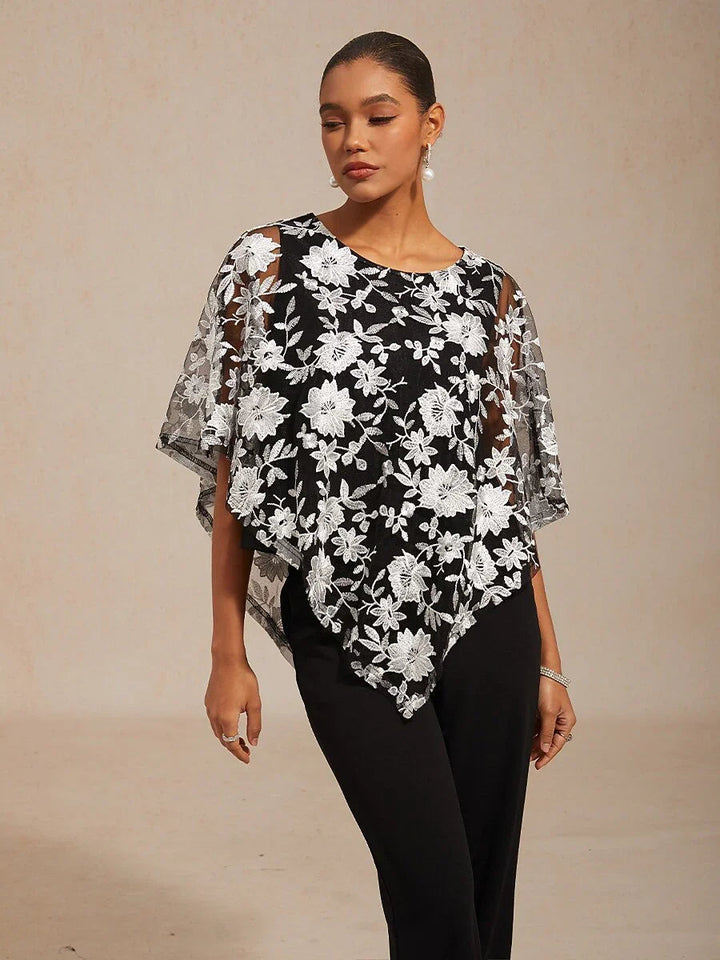 Embroidered Mesh Lace Top with Batwing Sleeves