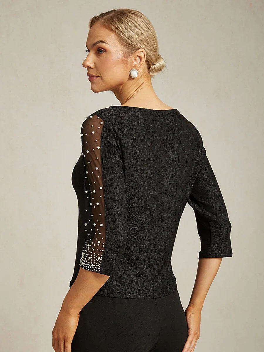 Beaded 3/4 Sleeve Metallic Knit Blouse