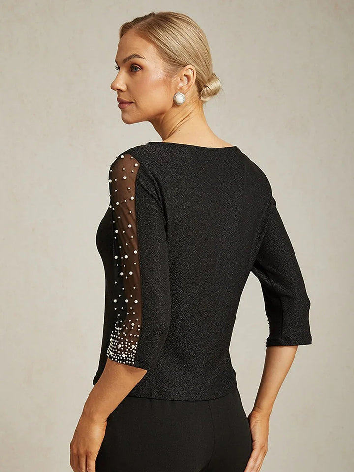 Beaded 3/4 Sleeve Metallic Knit Blouse