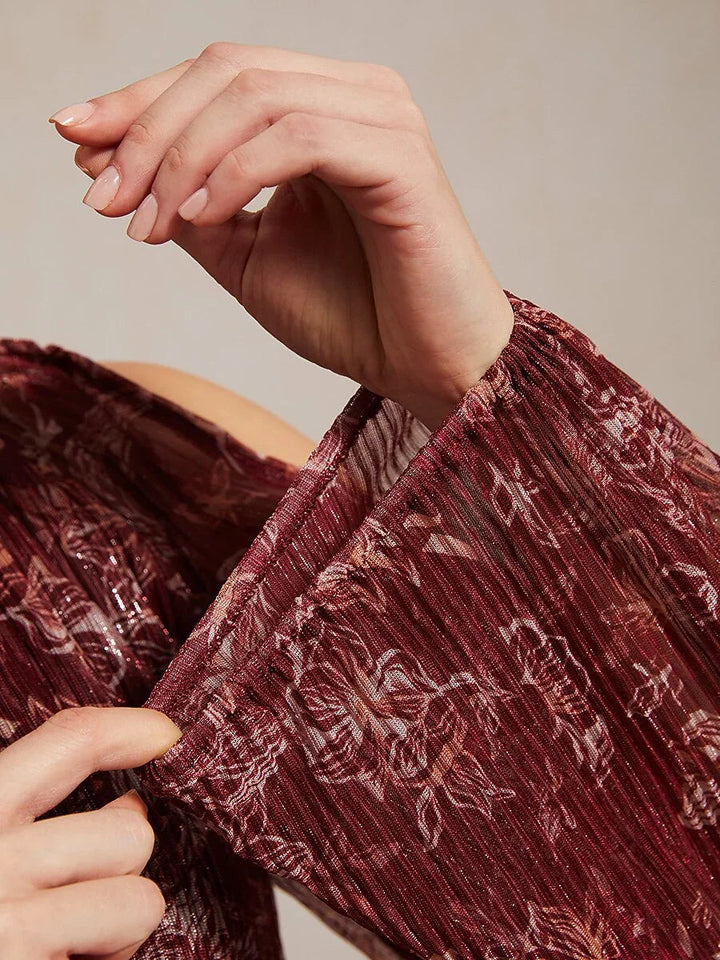 Ruffled Cold Shoulder Chiffon Blouse with Metallic Detail