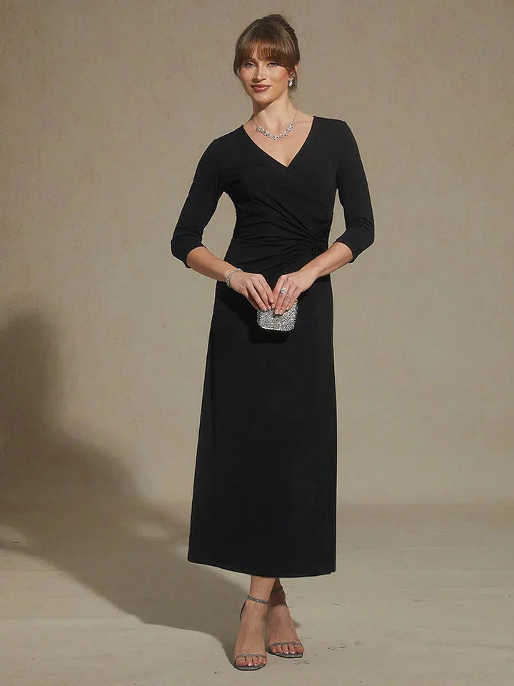 Black V-Neck A-Line Knit Dress with Waist Twist Design