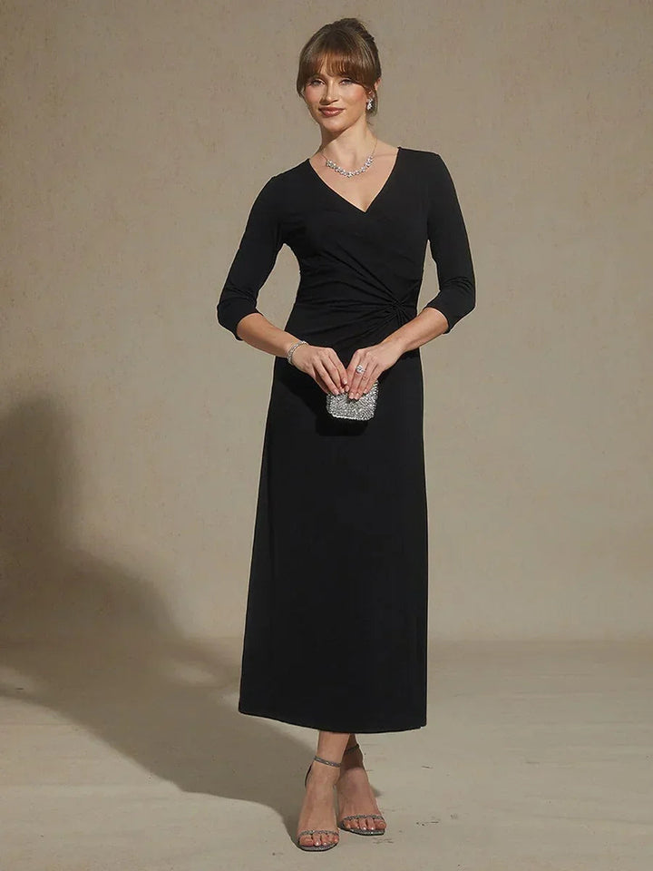 Black V-Neck A-Line Knit Dress with Waist Twist Design