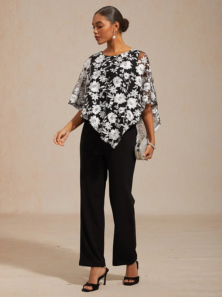 Embroidered Mesh Lace Top with Batwing Sleeves