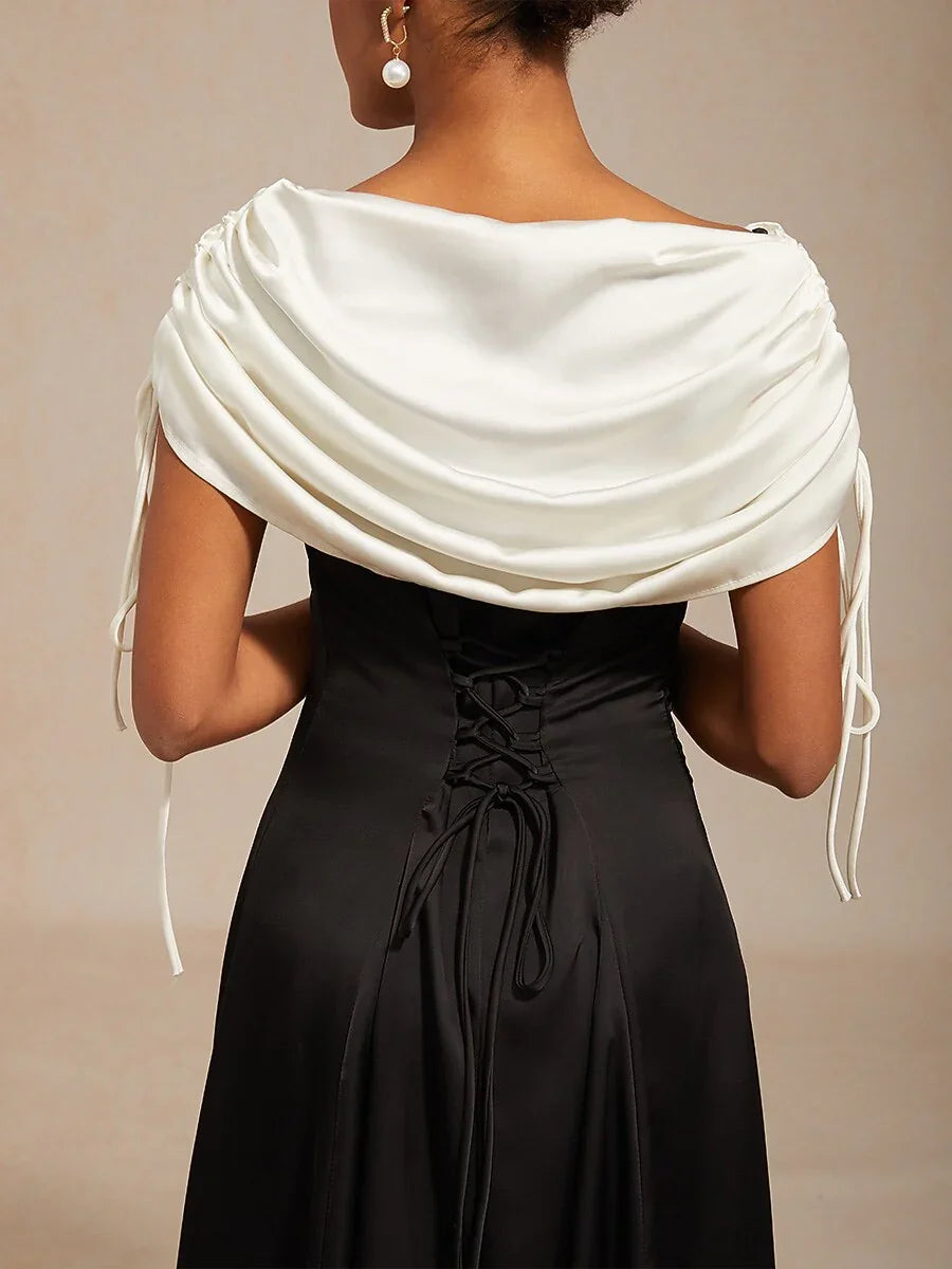 Satin Black and White Dress with Shoulder Tie Design