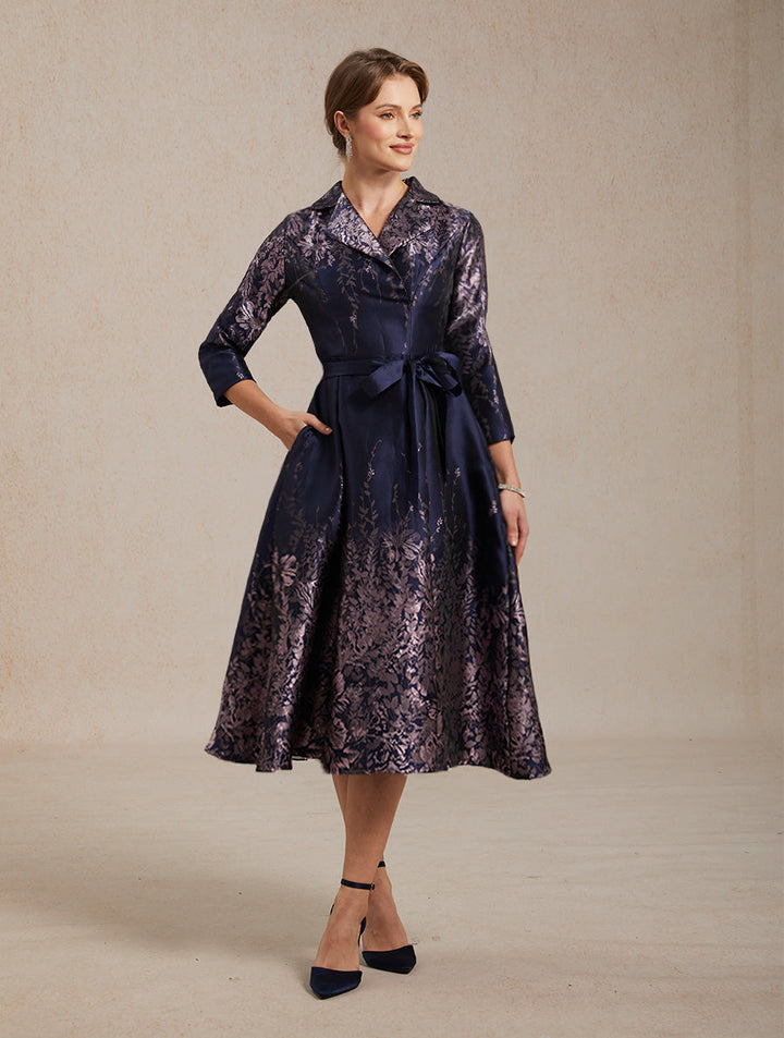 Floral Jacquard Shirt Dress with Belt and Side Pockets