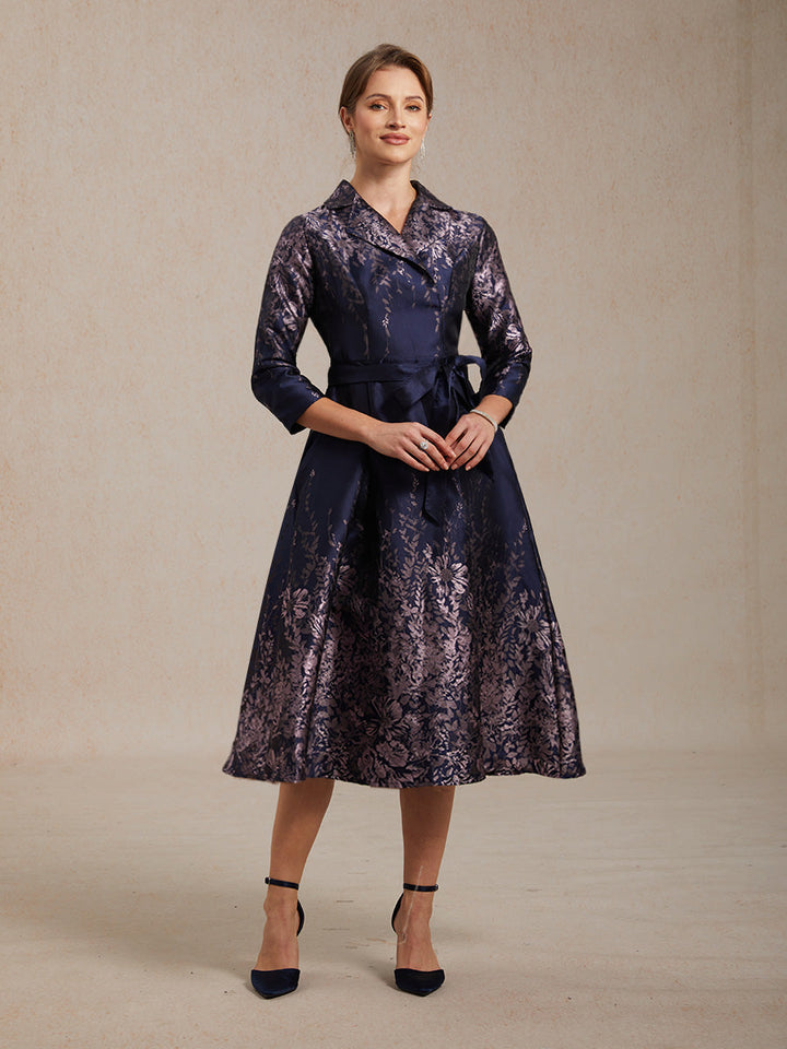 Floral Jacquard Shirt Dress with Belt and Side Pockets