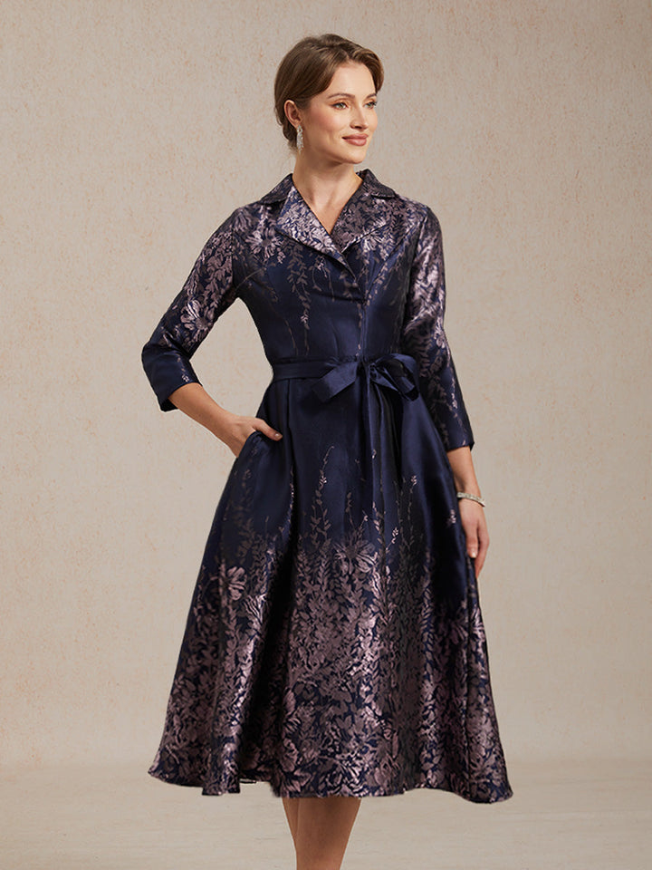 Floral Jacquard Shirt Dress with Belt and Side Pockets