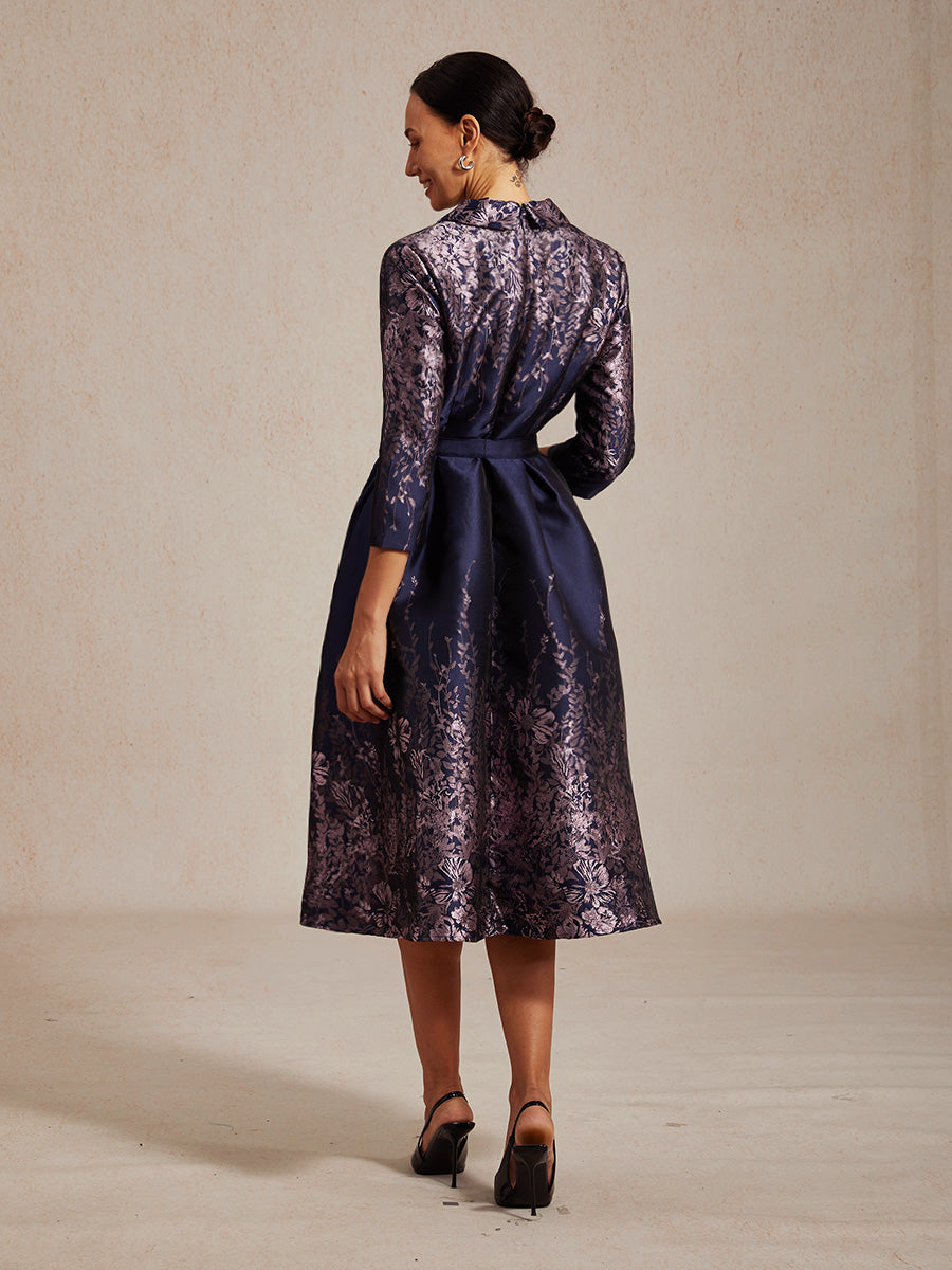 Floral Jacquard Shirt Dress with Belt and Side Pockets