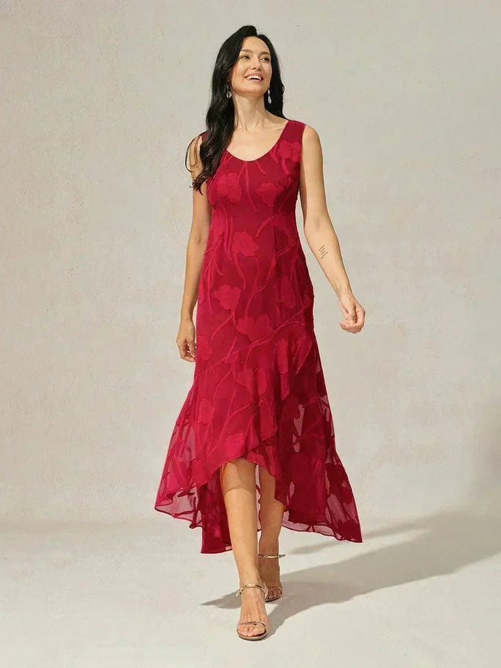 Navy Floral Chiffon Evening Gown with Asymmetrical Hem