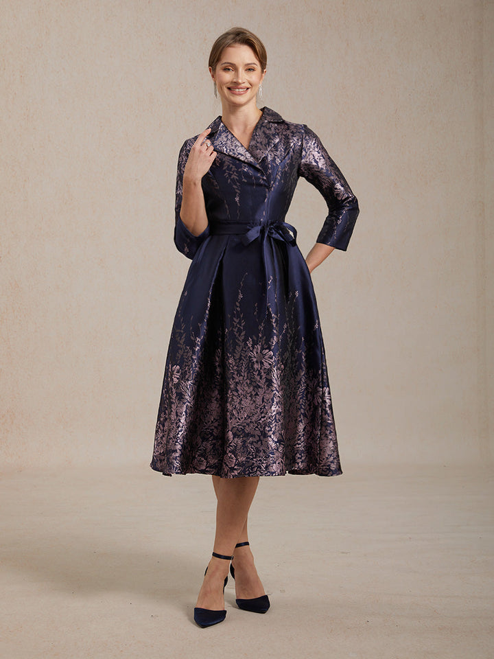 Floral Jacquard Shirt Dress with Belt and Side Pockets